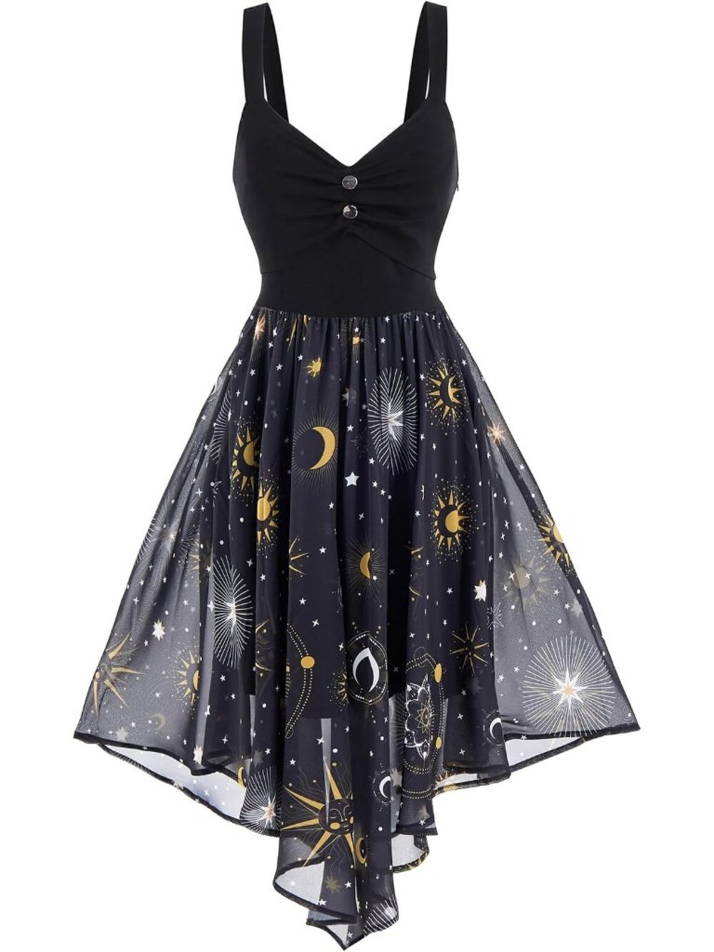 🎃Women's Black Halloween V-Neck Chiffon Sun Moon Star Sleeveless A-Line Dresses